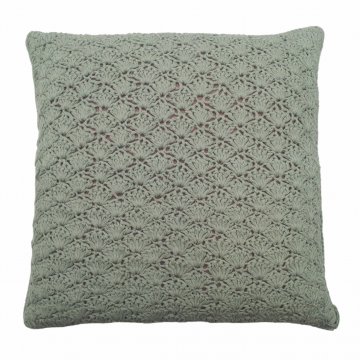 Kissen 45x45, salbeigrün, Baumwolle, gehäkeltes Fächermuster, Rückseite grau