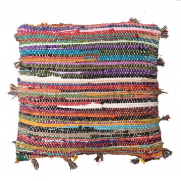 Kissen 55x60, bunt, aus Flickenteppich genäht, rundum kleine Quasten