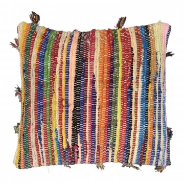 Kissen 45x50, bunt, aus Flickenteppich genäht, rundum kleine Quasten