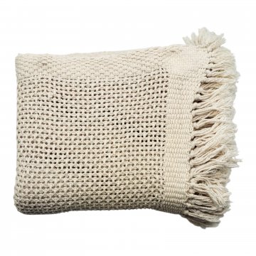 Strickdecke / Plaid 120x180, cremeweiß, Baumwolle, lockerer Perlstrick mit dichtem Rand und Fransen 