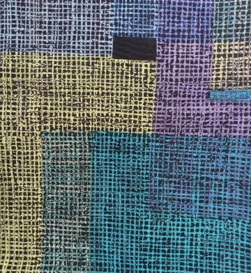 Vorhang H230xB220, türkis/gelb/lila/blau/schwarz, sehr fließende Kunstfaser mit leichtem Glanz, Vintage, mit Gardinenband