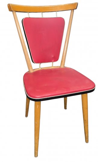 Küchenstuhl, Buche, mit farbigem Skaibezug ROT, gestäbte Lehne, 50erJ.