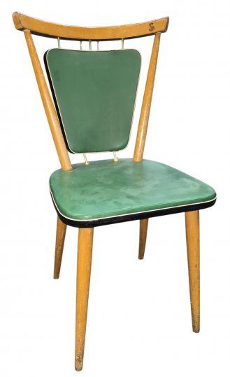 Küchenstuhl, Buche, mit farbigem Skaibezug GRÜN, gestäbte Lehne, 50erJ.