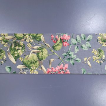 Dekostoff 18x290 Querbehang, Leinen, grau mit grün/rot/gelbem Blattmuster, Schabracke, 1x 250 breit, ohne Gardinenband