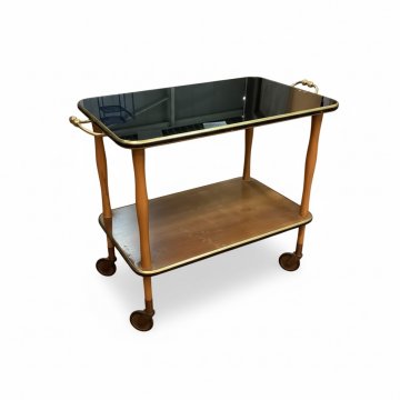 Barwagen FUJ Nussbaum hell, eingelassene Glasplatte schwarz, Messingumrandung, 2 verzierte Messinggriffe auf Rollen