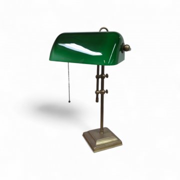 Tischlampe, Messing, matt, grüner Opalglasschirm eckig, höhenverstellbar, quadrat. Fuß,h49cm