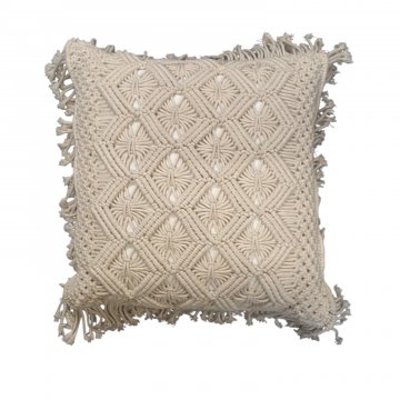 Kissen 45x45cm, Makramee, wollweiß, Baumwolle mit Fransen