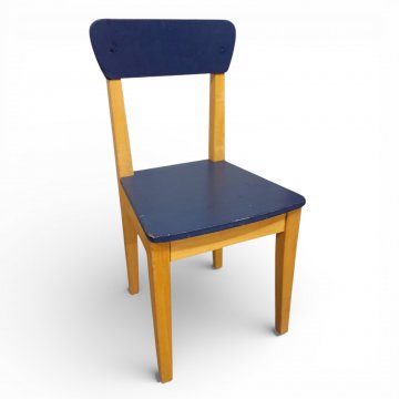Kinderstuhl, Sitz und Rücken blau lackiert, Gestell Holz hell