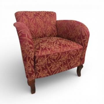 Sessel 1920 halbrund rot/gold Damast, mit bezogenen Beinen