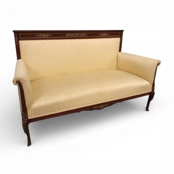 Sofa EMP ocker-beige gestreifter Velour, Mahagoni poliert, Bronzebeschläge, 2-sitzig, 150x70x100cm