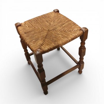 Hocker, Eiche braun, Beine gedrechselt, Binsensitz, Stegverbindungen, quadr.