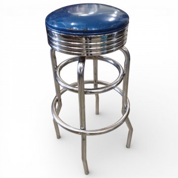 Barhocker, Chromgestell mit 2 Ringen, Sitz Kunstleder blau schillernd rund mit breiter Zarge