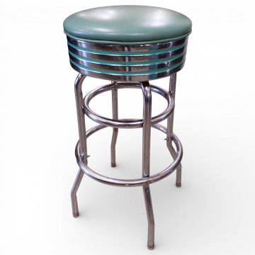 Barhocker, Chromgestell mit 2 Ringen, Sitz Kunstleder türkis rund mit breiter Zarge