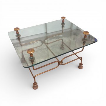 Couchtisch, Eisengestell, Glasplatte, vergoldet/messing, quadratisch,  Scherenform, Glasplatte mit 4 Löchern, 80x65cm, h 45cm