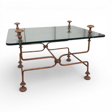 Couchtisch, Eisengestell, Glasplatte, vergoldet/messing, quadratisch,  Scherenform, Glasplatte mit 4 Löchern, 80x65cm, h 45cm