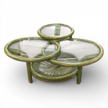 Couchtisch, Bambus h´grün, 3 runde Ablagen mit Glas, Zwischenboden, 3-füßig, L100xB90