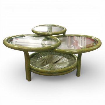 Couchtisch, Bambus h´grün, 3 runde Ablagen mit Glas, Zwischenboden, 3-füßig, L100xB90