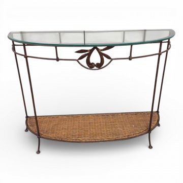 Konsoltisch GRANGE, gerundet, Schmiedeeisengestell, Glasplatte, Zwischenboden Rattan, B110xT34xH83