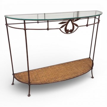 Konsoltisch GRANGE, gerundet, Schmiedeeisengestell, Glasplatte, Zwischenboden Rattan, B110xT34xH83