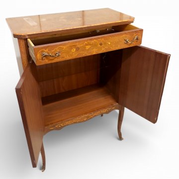 Barschrank, ROK, Rosenholz, intarsiert, Messingbeschläge, 2 Türen, 1 Schub, 82x42x118 cm