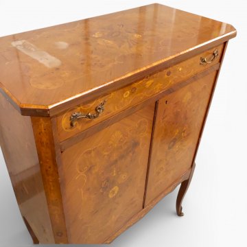 Barschrank, ROK, Rosenholz, intarsiert, Messingbeschläge, 2 Türen, 1 Schub, 82x42x118 cm