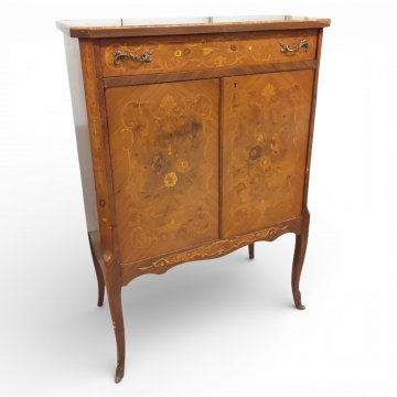 Barschrank, ROK, Rosenholz, intarsiert, Messingbeschläge, 2 Türen, 1 Schub, 82x42x118 cm