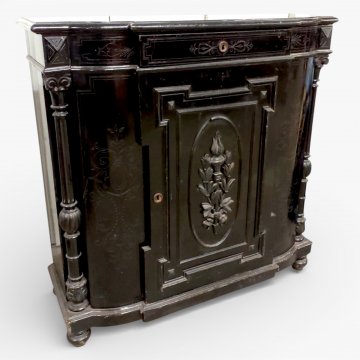 Kommode, schwarz lackiert, 1-türig, Schub, Seitensäulen kanneliert, Flachschnitzereien, B114xT44xH115 Böden