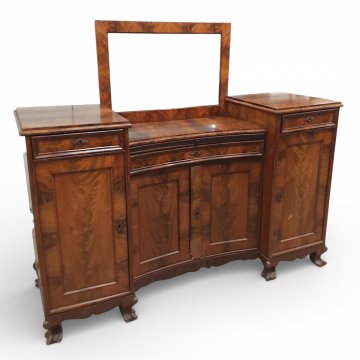 Anrichte, Mahagoni, 4-türig, Mittelteil gebogen, Spiegelaufsatz mittig, 6 Klauenfüße, B175