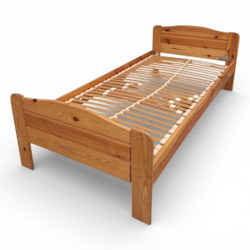 Bett, Kiefer, Kopf- und Fußteil gerundet, Kopfteil erhöht, Lattenrost, L200xB90