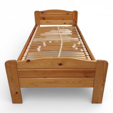 Bett, Kiefer, Kopf- und Fußteil gerundet, Kopfteil erhöht, Lattenrost, L200xB90