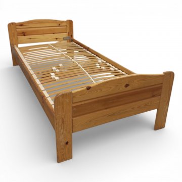 Bett, Kiefer, Kopf- und Fußteil gerundet, Kopfteil erhöht, Lattenrost, L200xB90