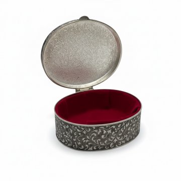 Deckeldose, Metall, oval, Klapdeckel, rotes Samtinnenfutter