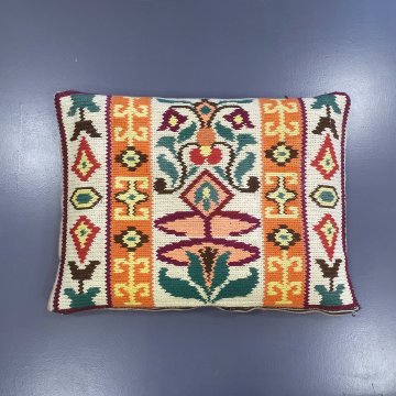 Kissen 50x40 creme, orange, breite bunte Musterstreifen gestrickt, Rücks. Samt, beige