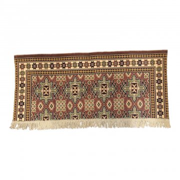 Wandbehang,156x77cm, rotrost/creme, stilisierte Geometrische Medalions in grün,schwarz und creme, beige Fransen