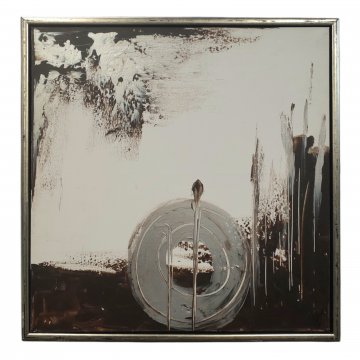 Bild JTW Abstrakt 60x60 cm, weiss schwarz, weisser Kreis oben, Silberrahmen, PAINTING 07 - RECHTE: FTA 