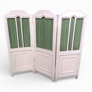 Paravent, grauHolz/Fenster m. grünem Stoff bespannt, 3-teilig, 50x150 cm