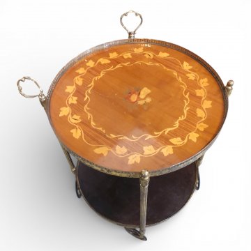 Barwagen, EKL, rund, Messing, kannelierte Säulen, 2 Ebenen, obere Platte Intarsien, Flaschenhalterungen, H:63cm, 53cmø