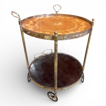 Barwagen, EKL, rund, Messing, kannelierte Säulen, 2 Ebenen, obere Platte Intarsien, Flaschenhalterungen, H:63cm, 53cmø