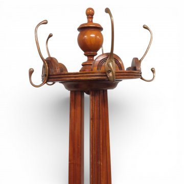 Garderobenständer, Mahagoni, 3-strebig gebündelt, Kopf mit 5 Haken Altmessing drehbar, Knauf gedrechselt, H204