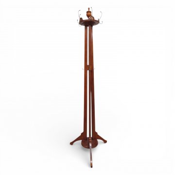 Garderobenständer, Mahagoni, 3-strebig gebündelt, Kopf mit 5 Haken Altmessing drehbar, Knauf gedrechselt, H204