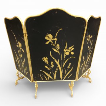 Kaminschirm, 3-tlg, Metall schwarz, geschwungen, Verzierungen, Messing patiniert, 4-füßig, H80xB86