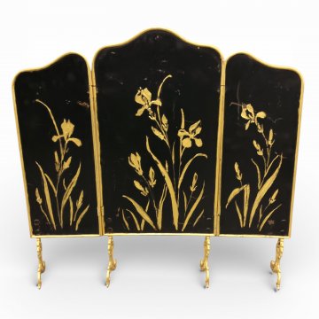 Kaminschirm, 3-tlg, Metall schwarz, geschwungen, Verzierungen, Messing patiniert, 4-füßig, H80xB86