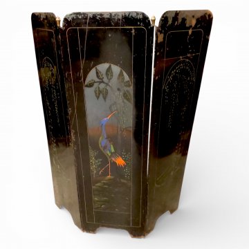 Kaminschirm, 3-tlg, Metall schwarz, Mittelteil mit Kranich und Baum bemalt, H113