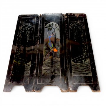 Kaminschirm, 3-tlg, Metall schwarz, Mittelteil mit Kranich und Baum bemalt, H113