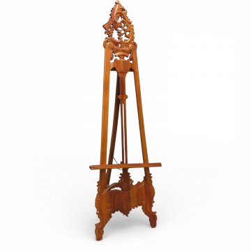 Staffelei, Teak h´braun, verziert, Krönung durchbrochen, Klappstrebe, H215