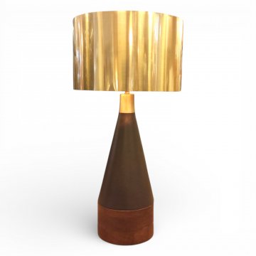 Tischlampe WOOD&amp;ALUMINIUM, Alu Kegelform dkl.braun, Boden Holz dkl.braun, H49, 1 flg. E27 max.60W