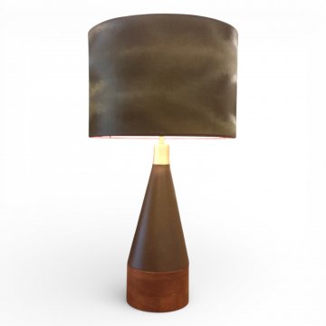 Tischlampe WOOD&amp;ALUMINIUM, Alu Kegelform dkl.braun, Boden Holz dkl.braun, H49, 1 flg. E27 max.60W