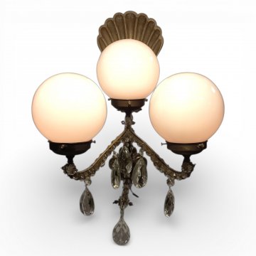 Wandlampe, Blaker, 3-flg, Messing, Glasbehang, Reflektor muschelförmig, H50