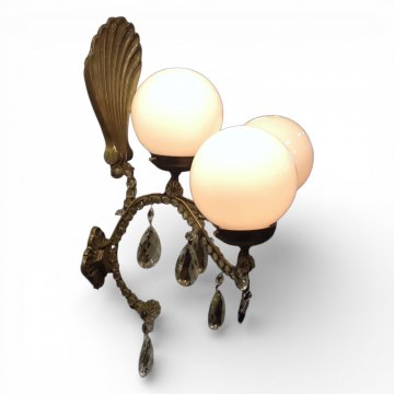 Wandlampe, Blaker, 3-flg, Messing, Glasbehang, Reflektor muschelförmig, H50