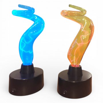 Leuchtobjekt, Glasspirale Elektron, grün/blau, K.stoffsockel schwarz oval, H40xLx20xB15